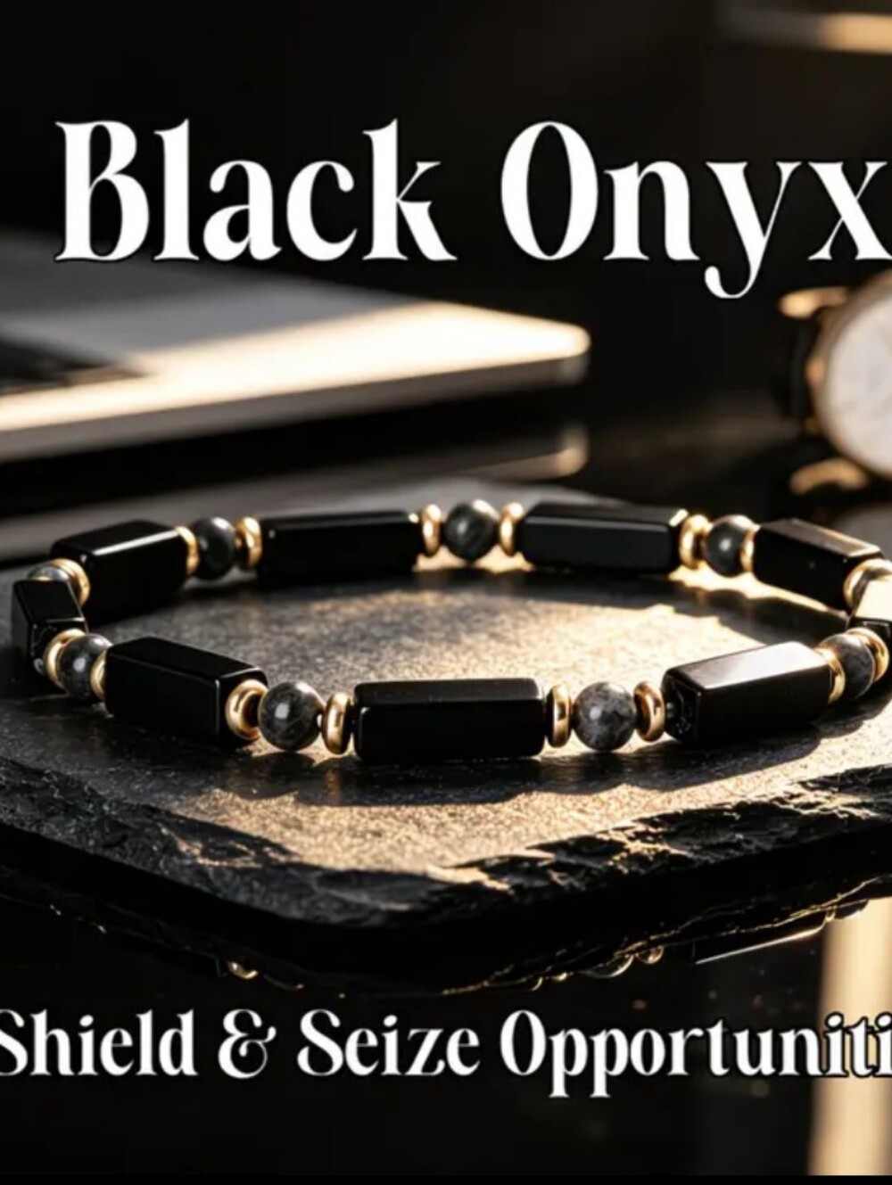 Men’s Black Onyx Beaded Bracelet with Gold Accents